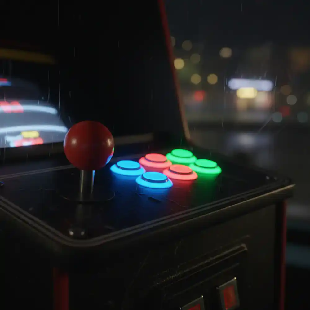 Close up of a classic arcade machine joystick and glowing buttons
