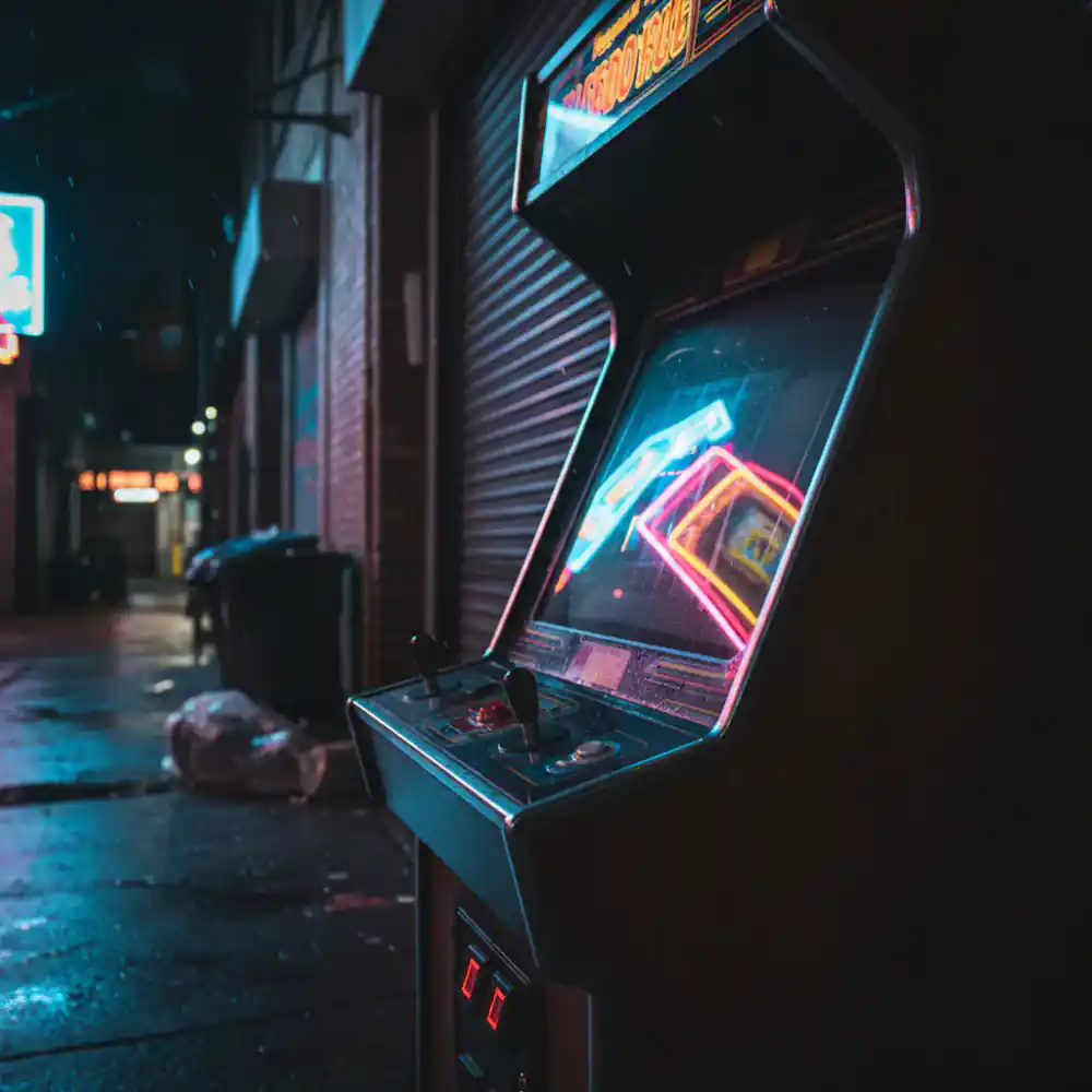 Glowing neon lights reflecting off the side of a vintage arcade cabinet